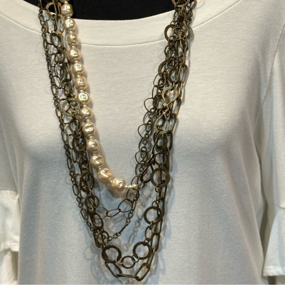 Long multi strand chain faux pearl statement necklace - Picture 3 of 8